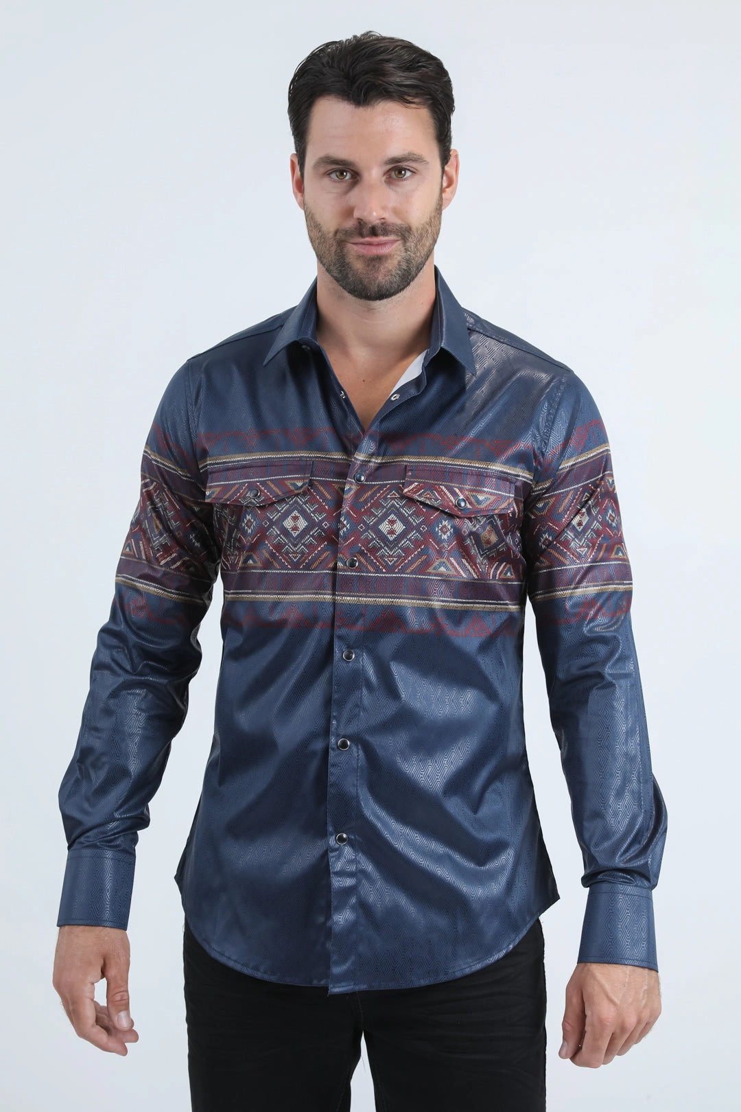 Mens Modern Fit Panoramic Foil Print Navy Shirt Anti Static Finish Reinforced Seams