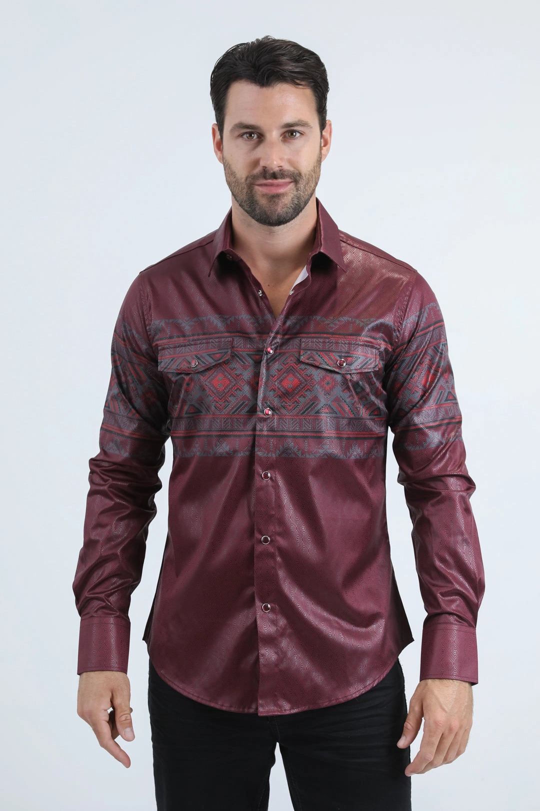 Weekend Outing hypoallergenic Mens Modern Fit Panoramic Foil Print Red Shirt