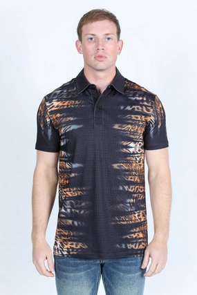 Sleek Wear Easy Layering Mens Modern Fit Stretch Baroque Print Polo with Rhinestones