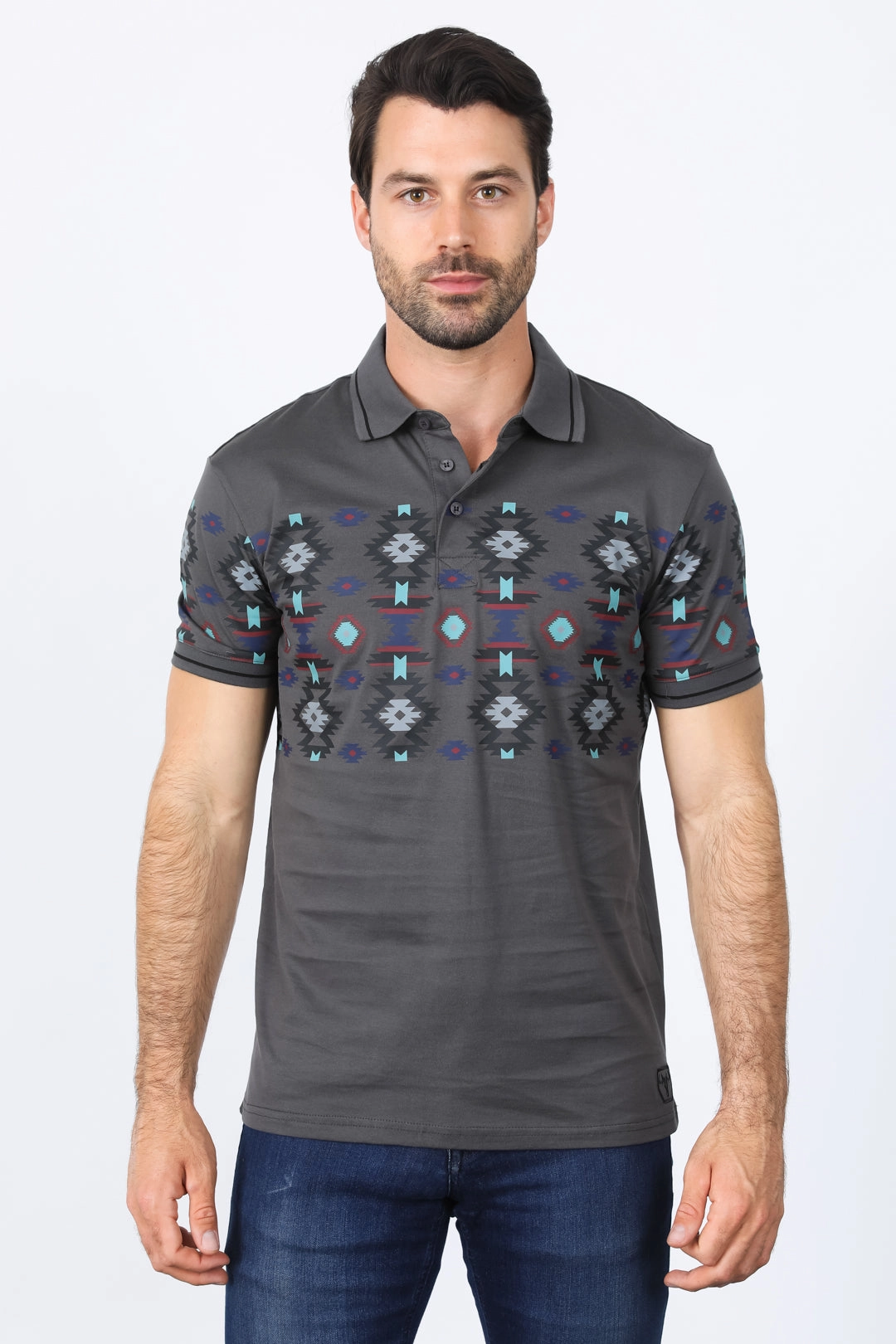 Mens Modern Fit Stretch Cotton Aztec Panoramic Print Polo Street Style