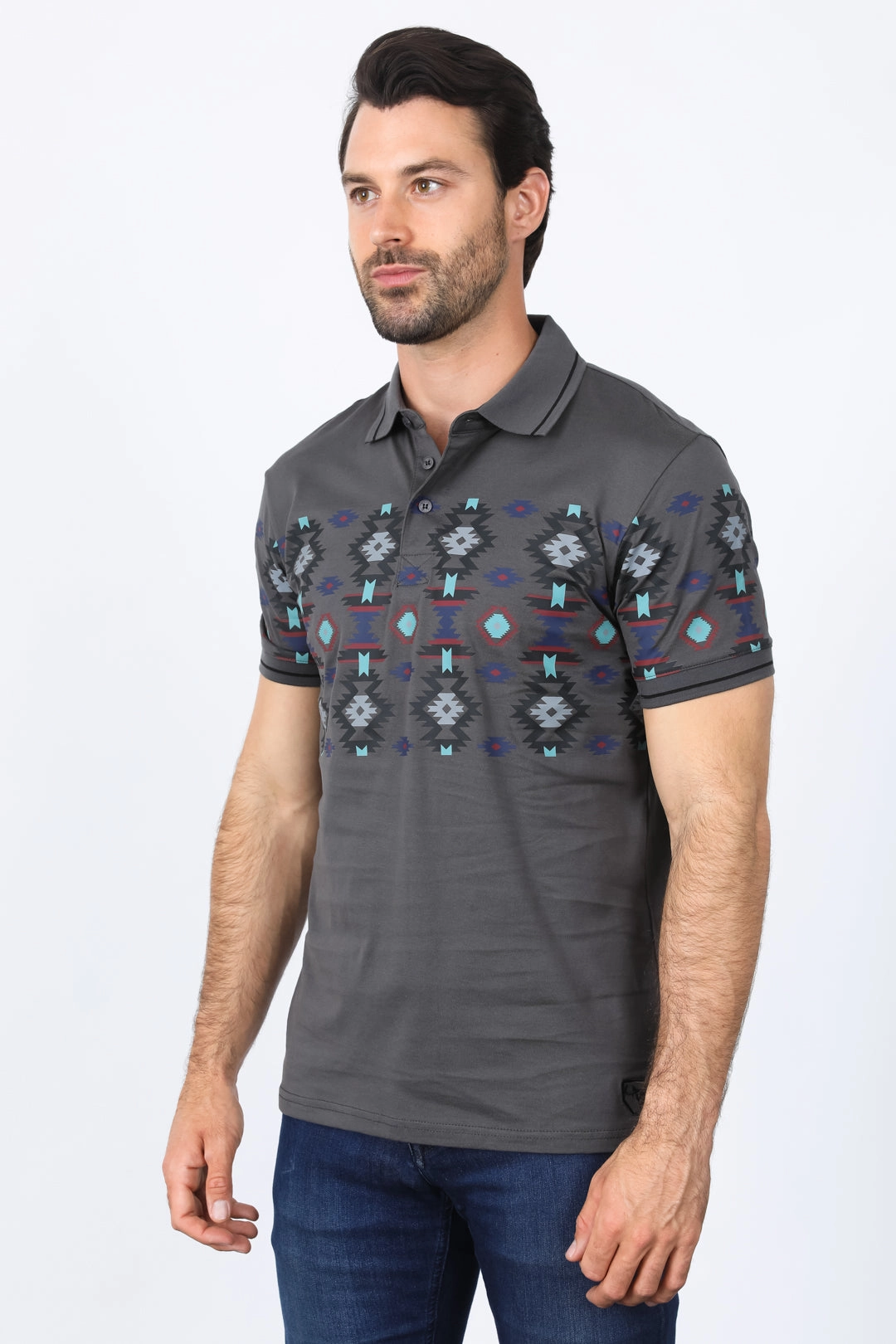 Mens Modern Fit Stretch Cotton Aztec Panoramic Print Polo Travel Ready UV Protection Blend