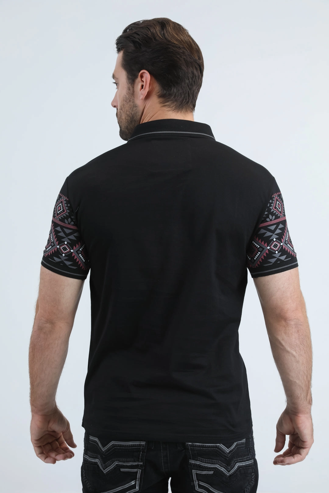 Mens Modern Fit Stretch Cotton Black Polo with Aztec Print Durable Ribbed Cuffs Summer Vacation