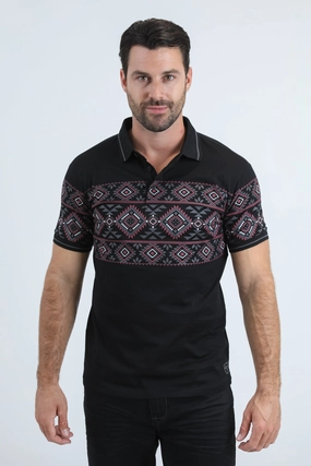 Four Button Placket Party Ready Mens Modern Fit Stretch Cotton Black Polo with Aztec Print
