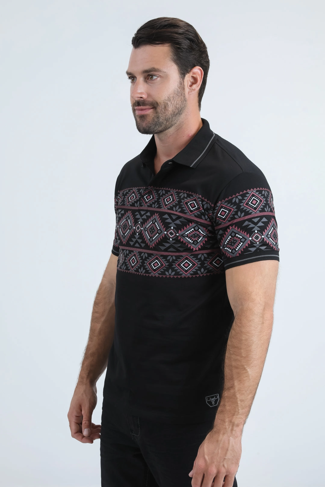 Mens Modern Fit Stretch Cotton Black Polo with Aztec Print Chic Top Timeless Style