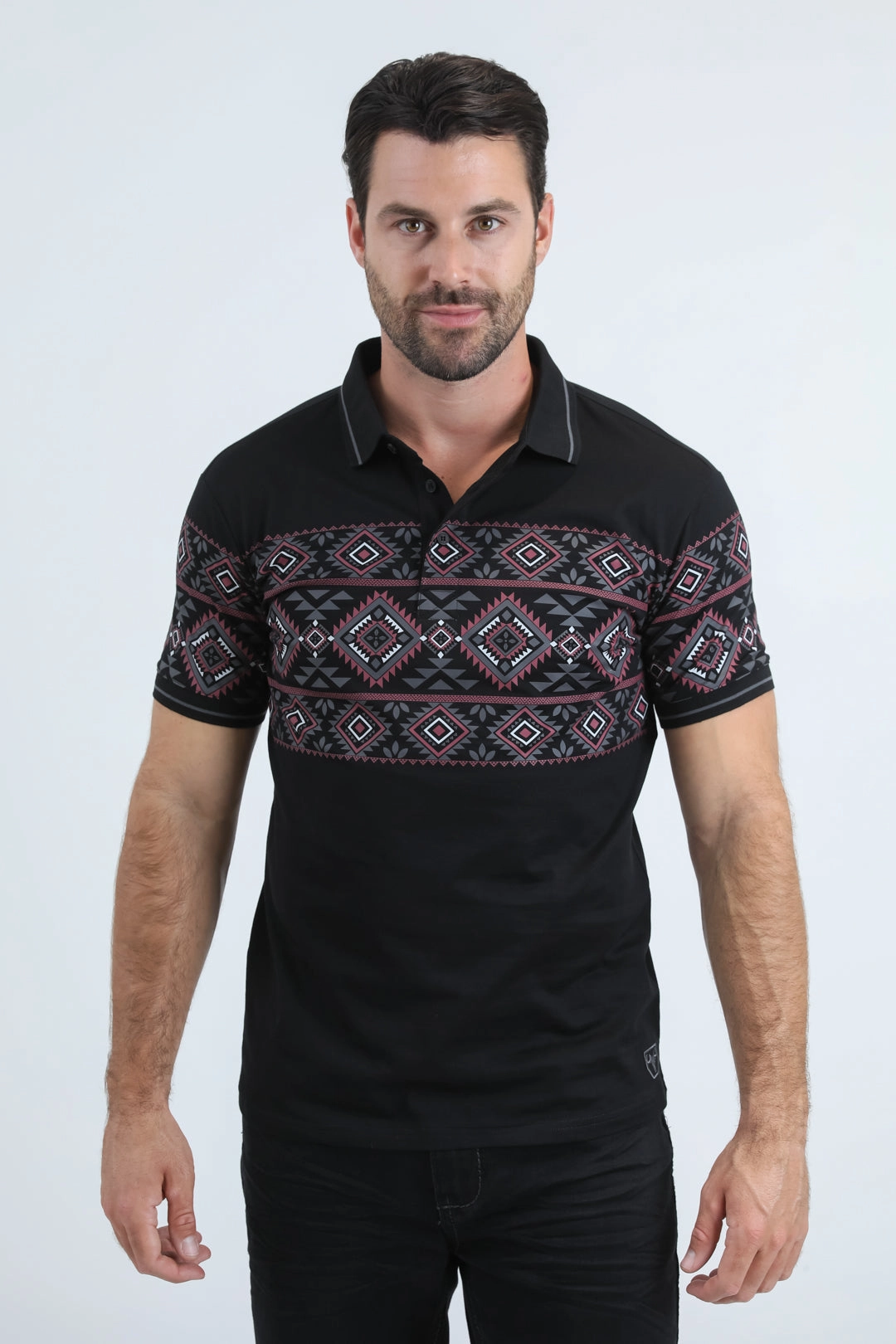 Four Button Placket Party Ready Mens Modern Fit Stretch Cotton Black Polo with Aztec Print