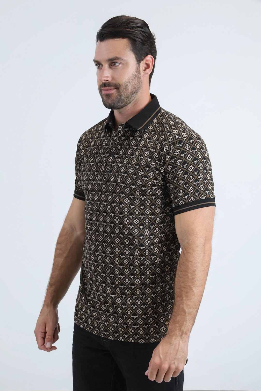 Mens Modern Fit Stretch Cotton Black Polo with Aztec Print Flexible Wear