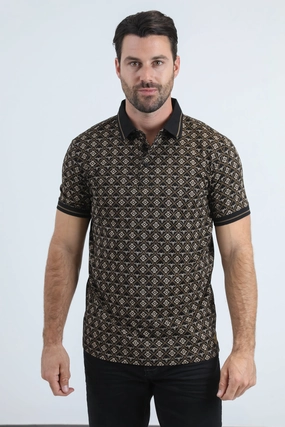 Mens Modern Fit Stretch Cotton Black Polo with Aztec Print Relaxed Vibe Street Style