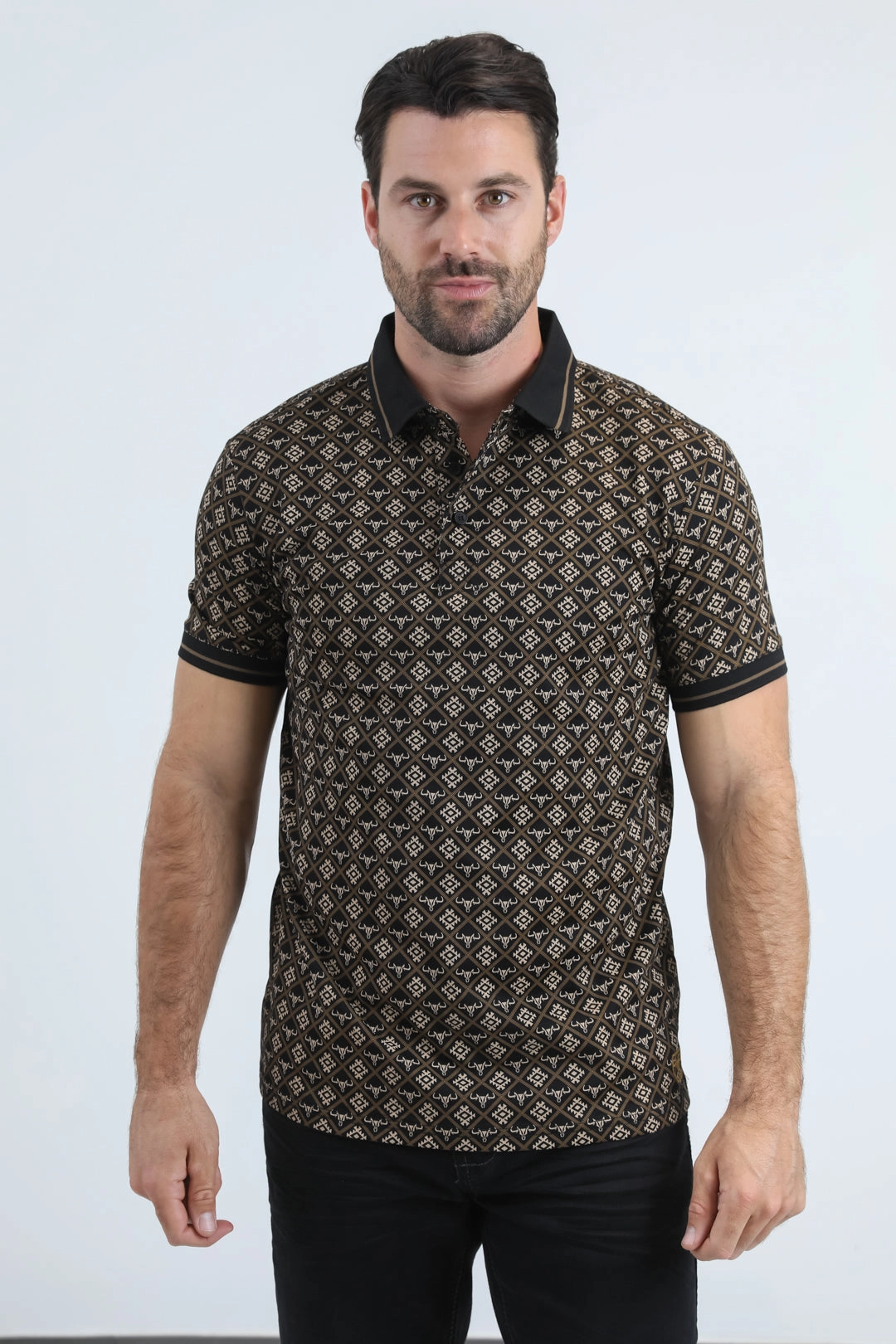 Mens Modern Fit Stretch Cotton Black Polo with Aztec Print Relaxed Vibe Street Style