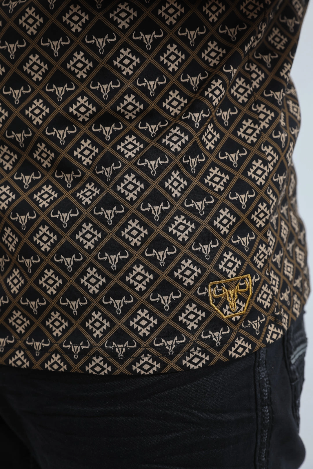 Mens Modern Fit Stretch Cotton Black Polo with Aztec Print Flexible Comfort Effortless Comfort