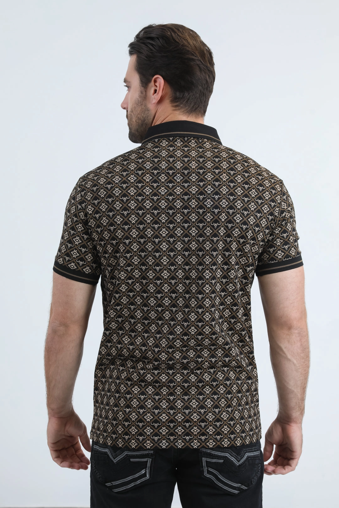 Fashionable Shirt Snap Button Closure Mens Modern Fit Stretch Cotton Black Polo with Aztec Print