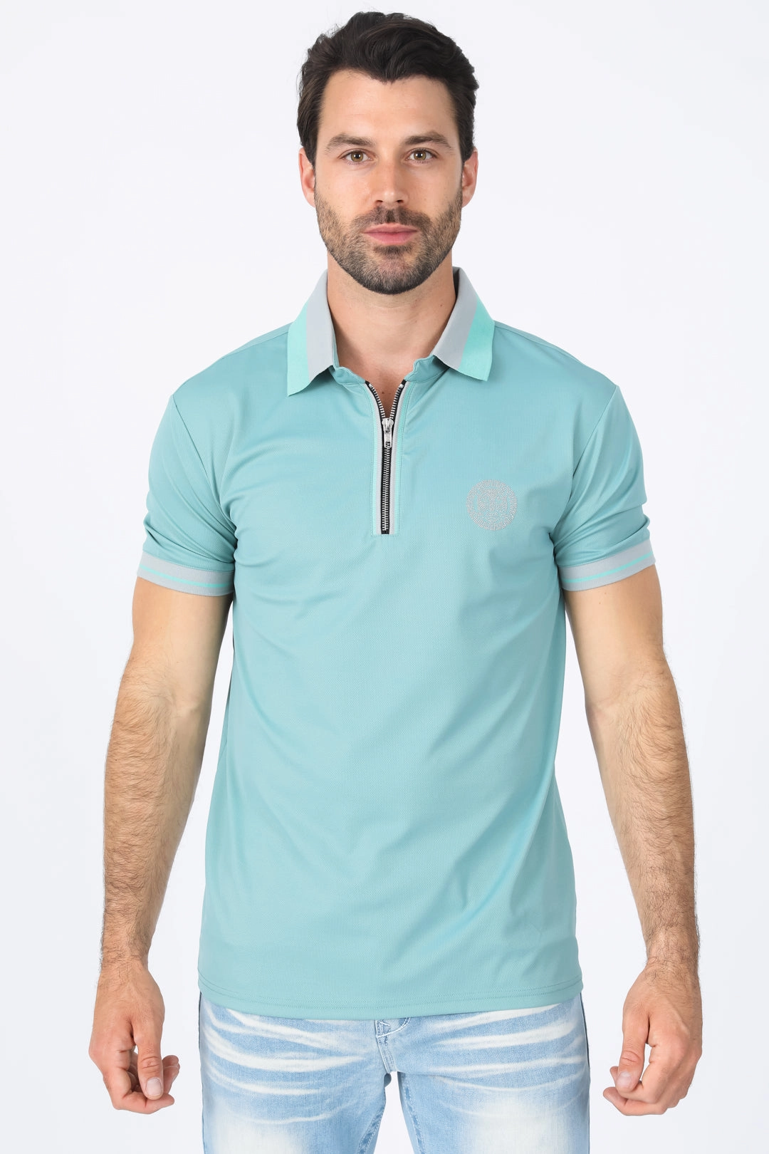 Mens Modern Fit Stretch Cotton Blue Polo Sustainable Production Certification