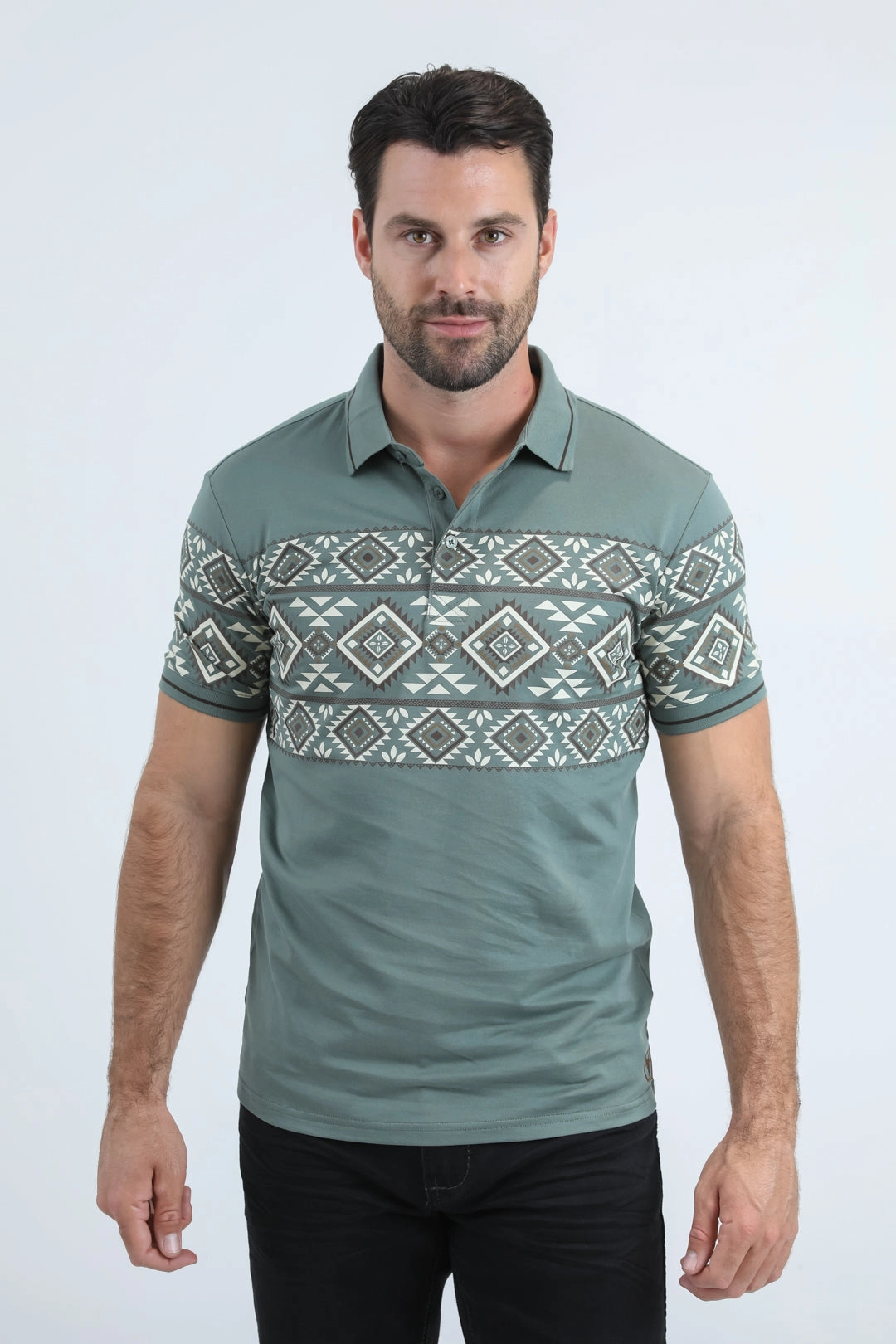 Outdoor Style Mens Modern Fit Stretch Cotton Blue Polo with Aztec Print