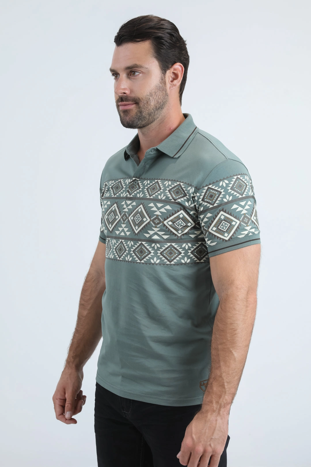 Easy Fashion Mens Modern Fit Stretch Cotton Blue Polo with Aztec Print
