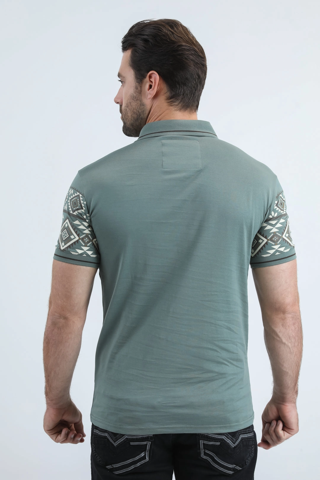 FadeResistant Dye Mens Modern Fit Stretch Cotton Blue Polo with Aztec Print