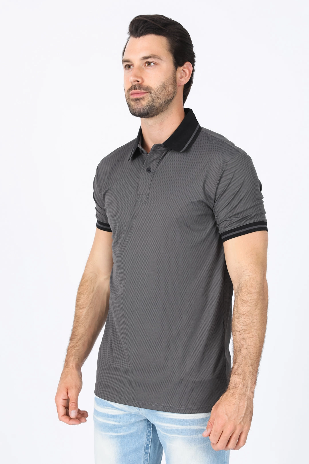 Mens Modern Fit Stretch Cotton Dark Grey Polo Tailored Comfort EasyCare Woven Fabric