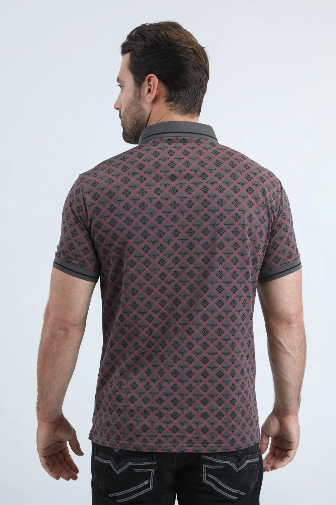 Relaxed Shirt Mens Modern Fit Stretch Cotton Grey Polo with Aztec Print