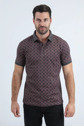 Urban Style Tailored Style Mens Modern Fit Stretch Cotton Grey Polo with Aztec Print