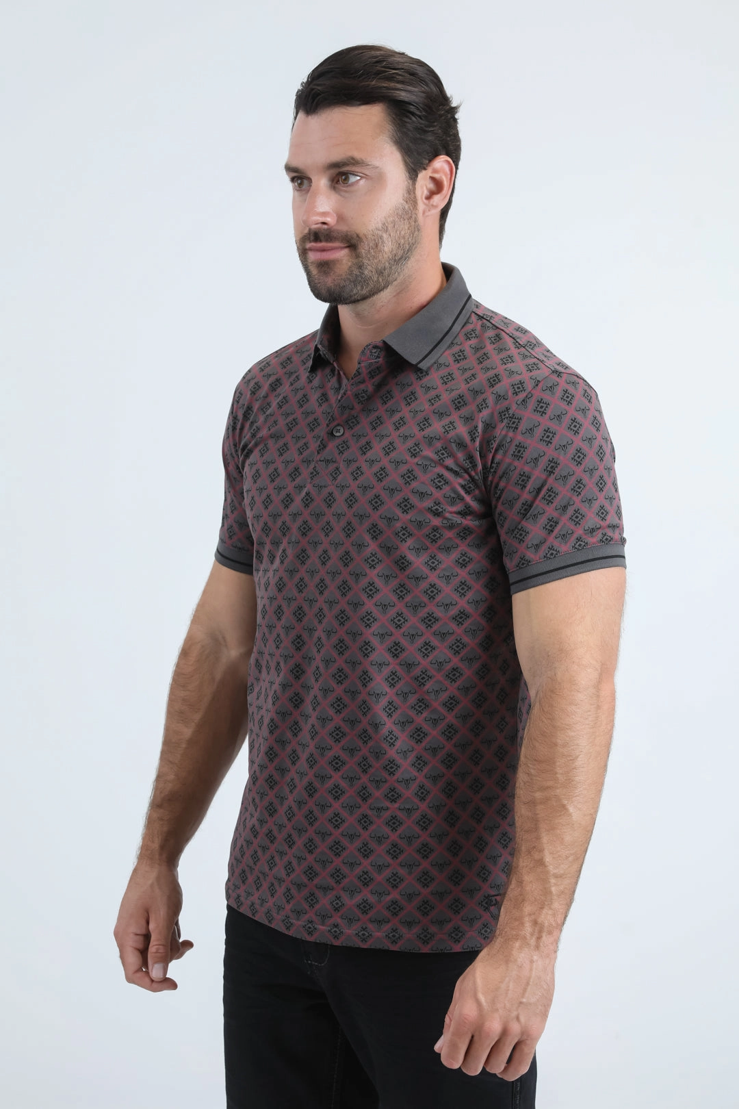 Spring Summer Sporty Layering Mens Modern Fit Stretch Cotton Grey Polo with Aztec Print