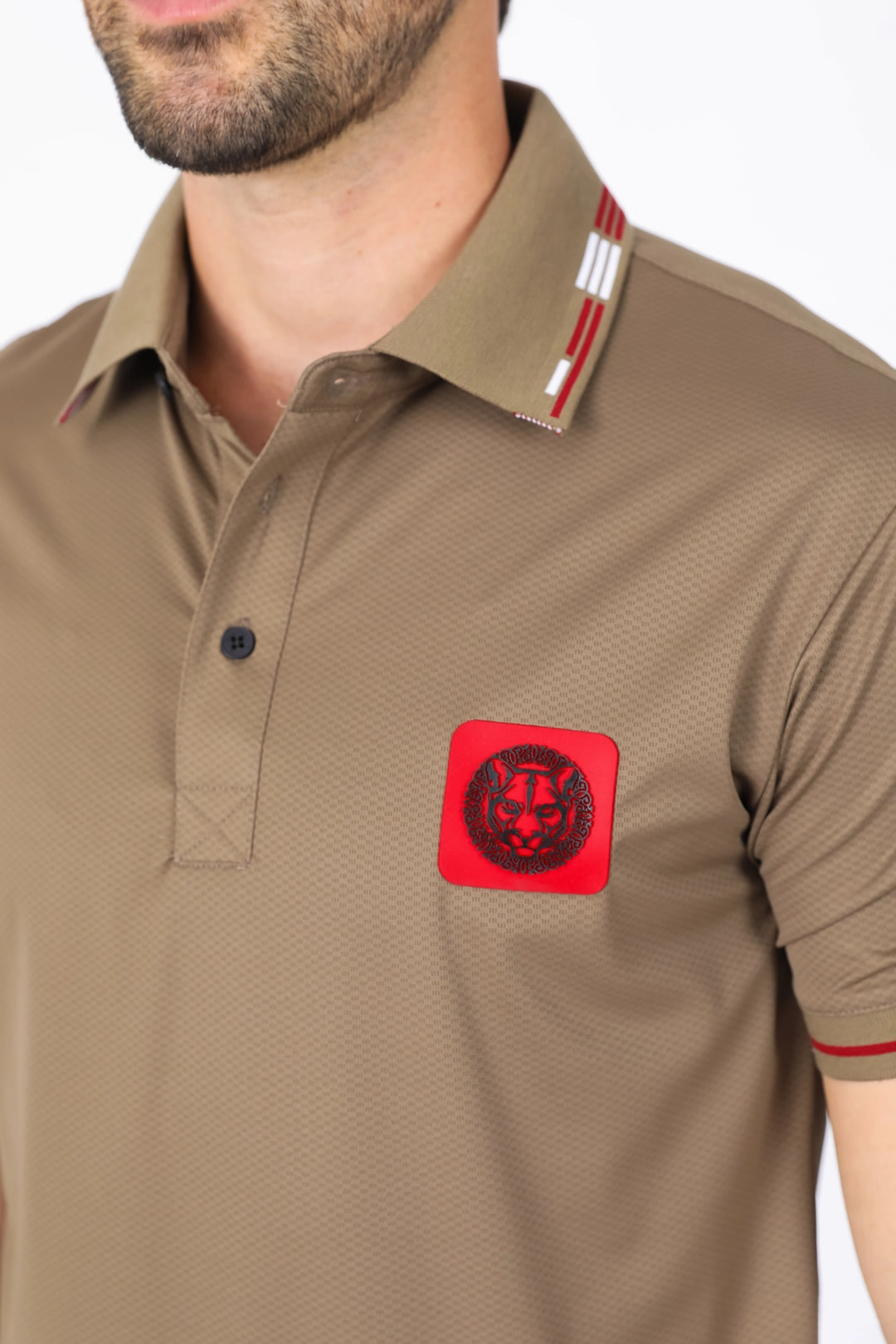 Subtle ToneOnTone Stitching Mens Modern Fit Stretch Cotton Khaki Polo