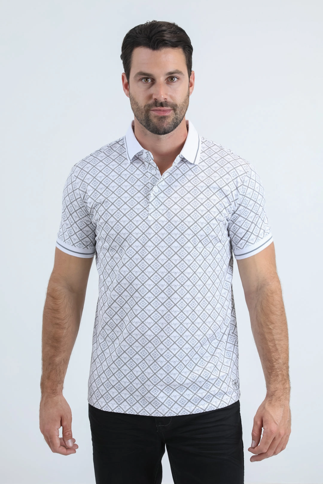 Easy Care Urban Comfort Mens Modern Fit Stretch Cotton White Polo with Aztec Print