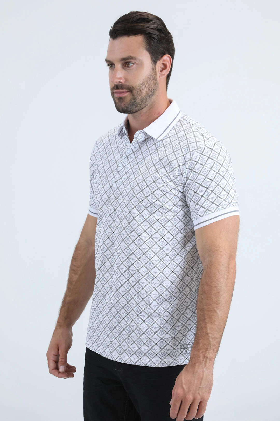 Mens Modern Fit Stretch Cotton White Polo with Aztec Print Adaptive Torso Contouring Minimal Layers