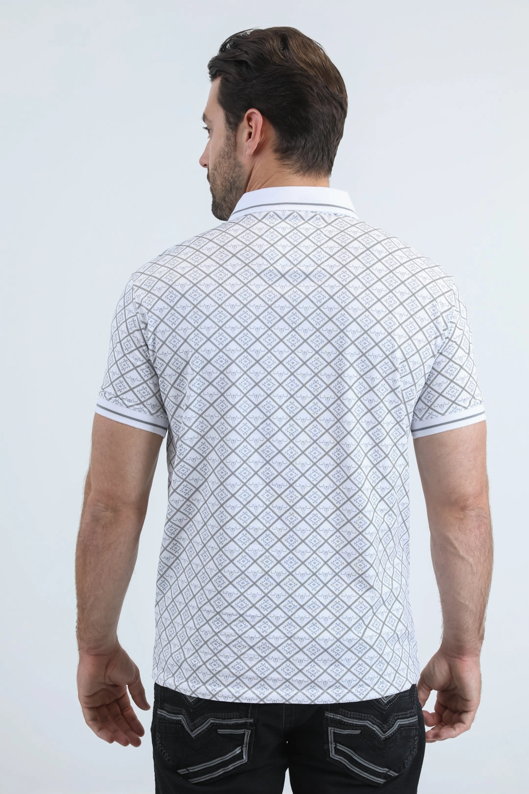 Mens Modern Fit Stretch Cotton White Polo with Aztec Print Chill Layer Relaxed Layering