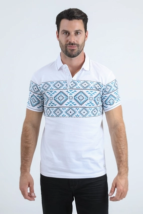 Luxe Apparel Modern Shirt Mens Modern Fit Stretch Cotton White Polo with Aztec Print
