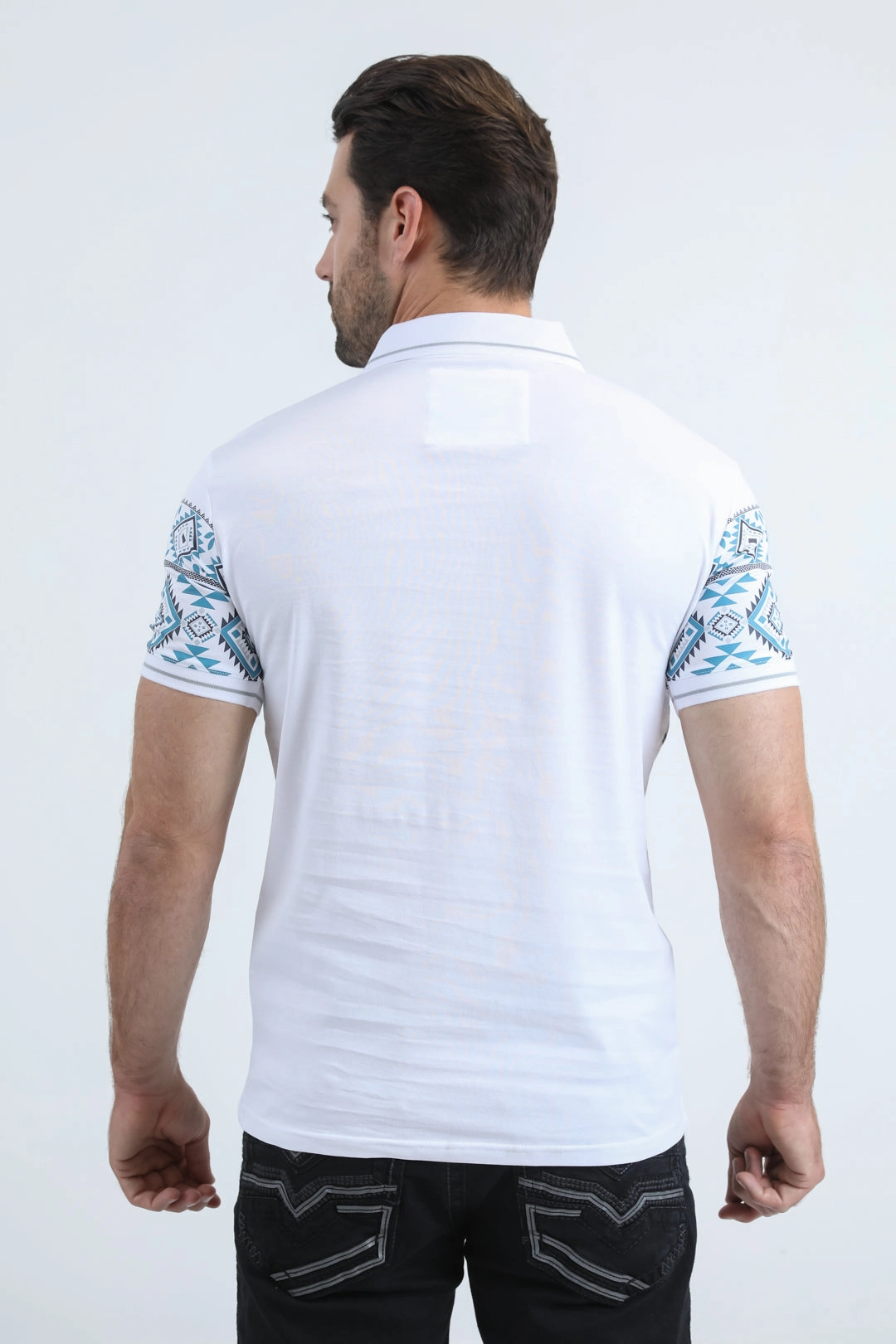 Refined Layer Weekend Layer Mens Modern Fit Stretch Cotton White Polo with Aztec Print