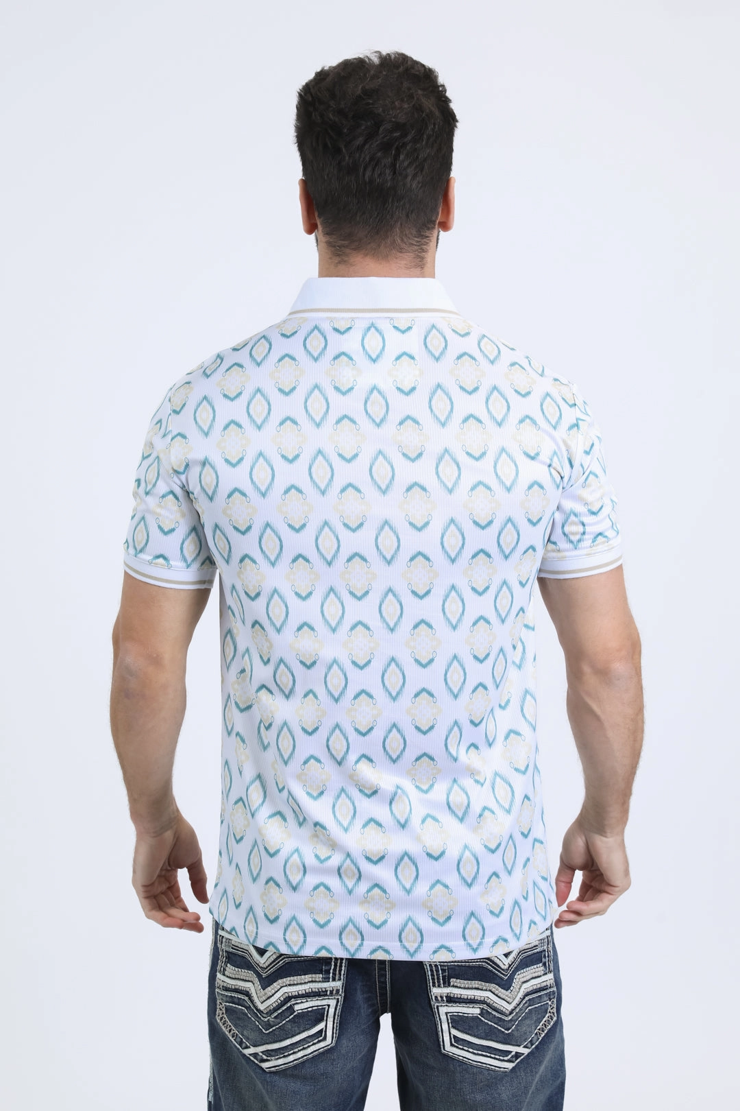 Flexible Wear Fashionable Layer Mens Modern Fit Stretch Cotton White Polo with Aztec Print