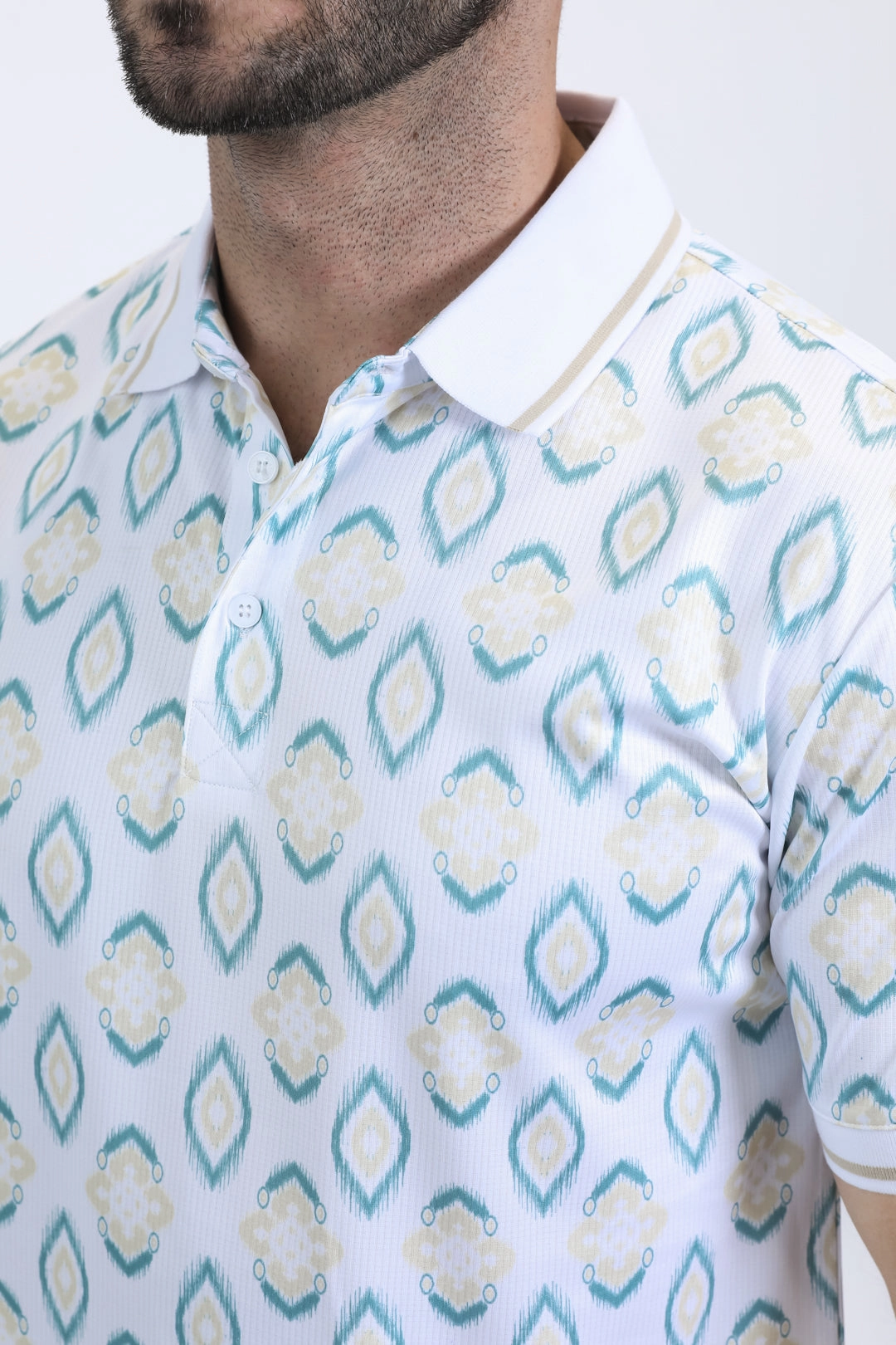 Mens Modern Fit Stretch Cotton White Polo with Aztec Print MoistureWicking Fabric Golf Ready