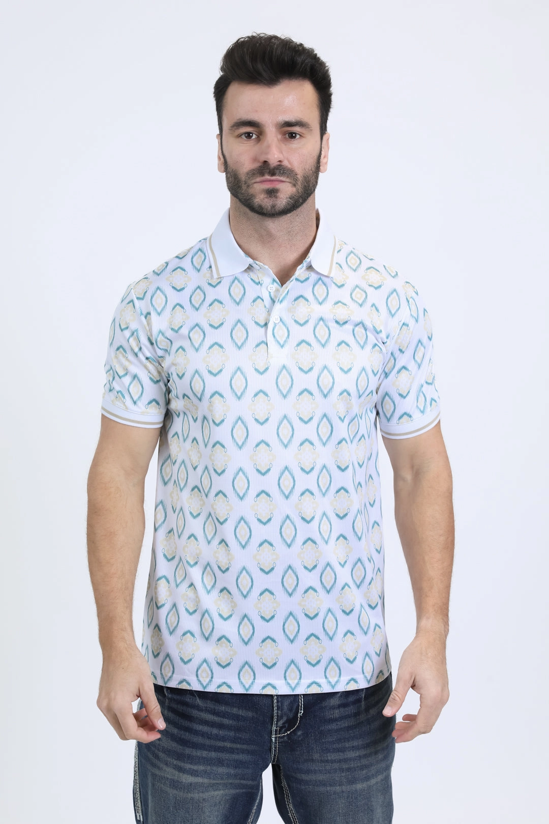 Comfortable Cut Effortless Look Mens Modern Fit Stretch Cotton White Polo with Aztec Print