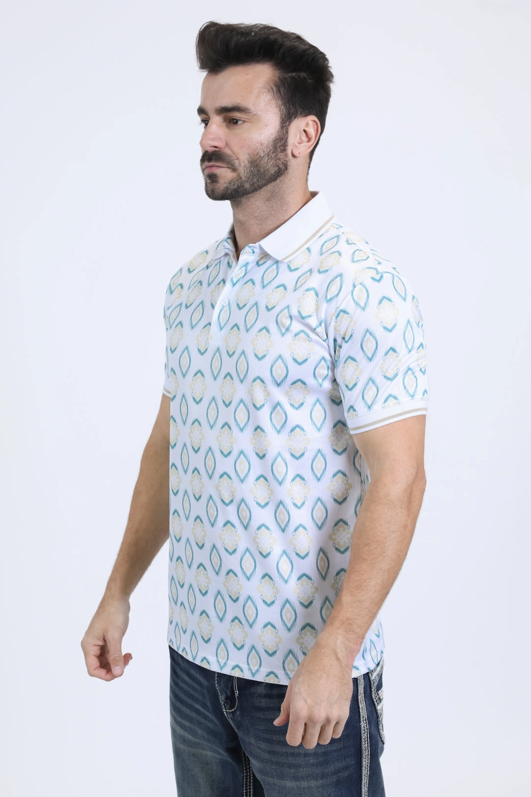 Mens Modern Fit Stretch Cotton White Polo with Aztec Print All-day Comfort