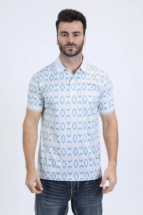 Comfortable Cut Effortless Look Mens Modern Fit Stretch Cotton White Polo with Aztec Print