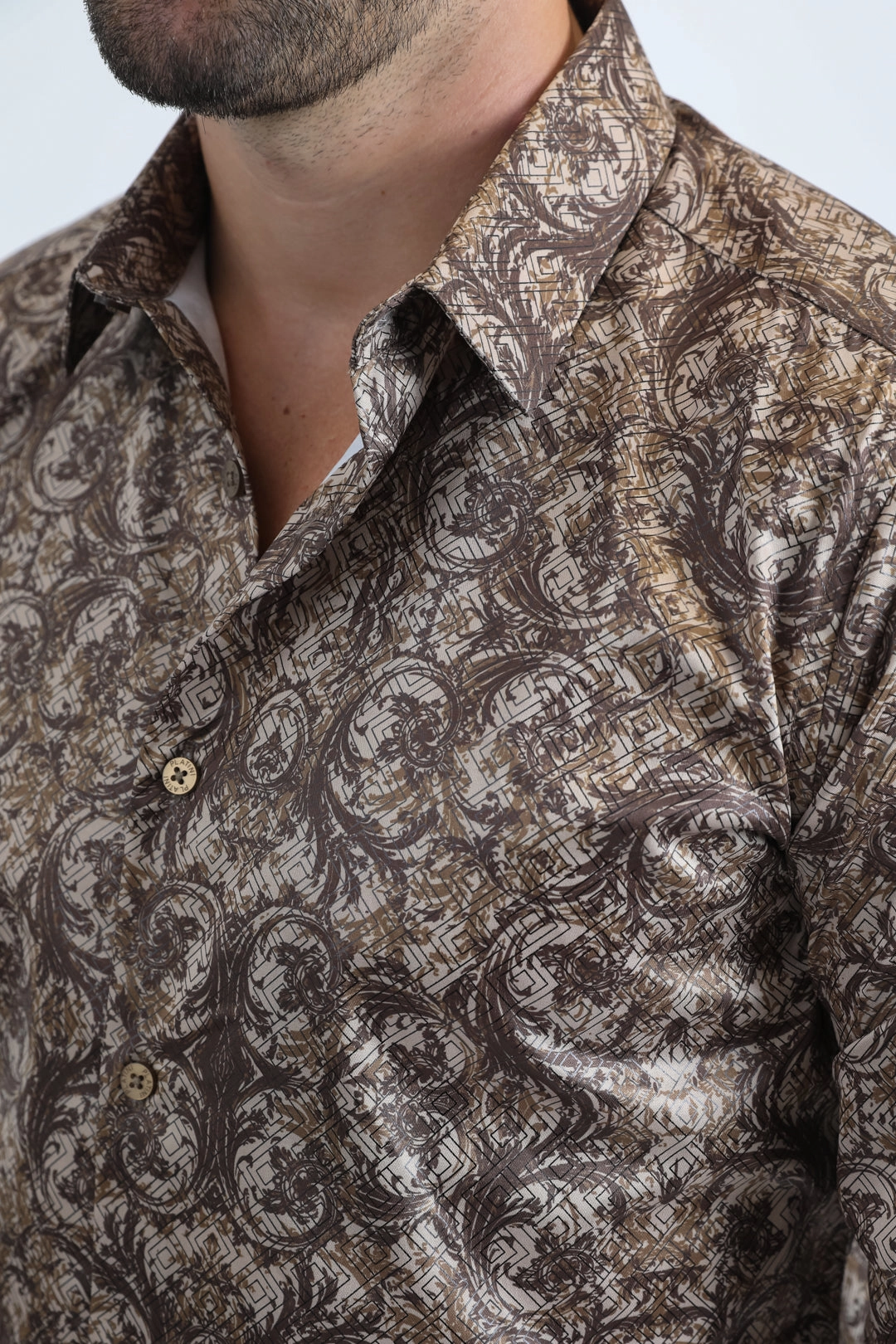 Mens Modern Fit Stretch Foil Fashion Beige Shirt Zip Front