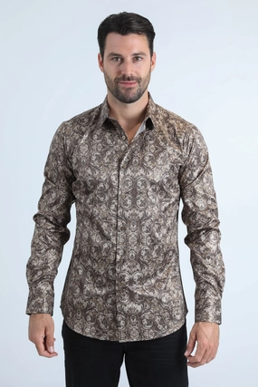 Versatile Layering Piece Mens Modern Fit Stretch Foil Fashion Beige Shirt