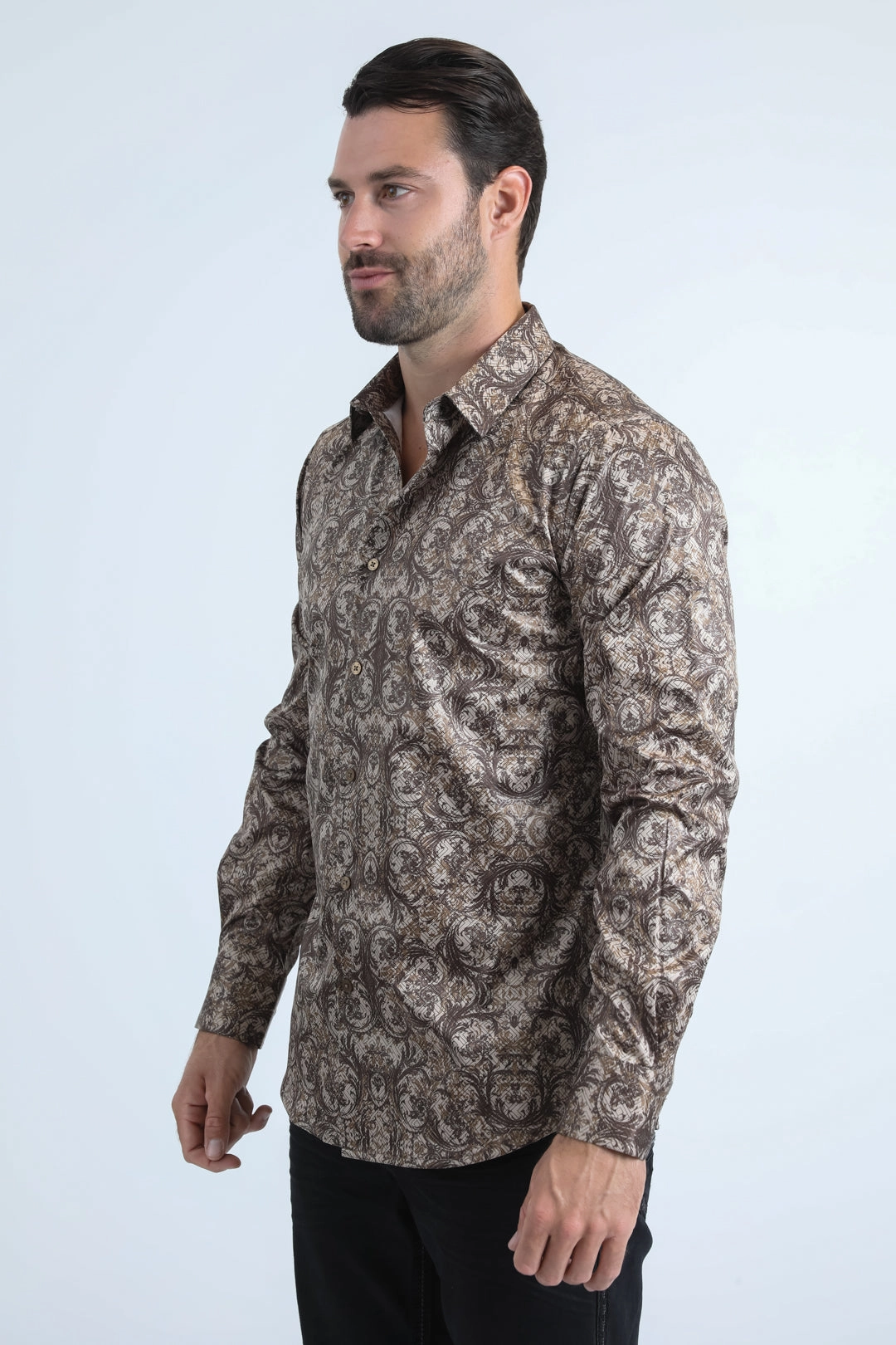 Mens Modern Fit Stretch Foil Fashion Beige Shirt Multipurpose Layering Fabric Lace Accent