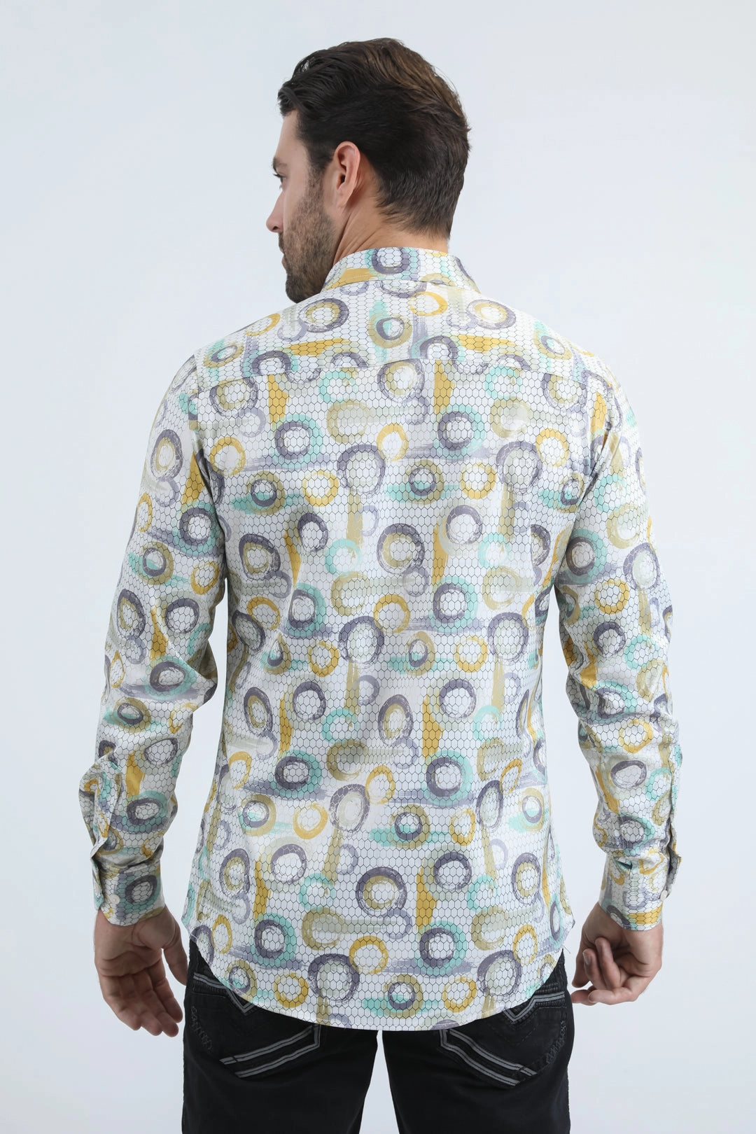 Mens Modern Fit Stretch Foil Fashion Beige Shirt Adjustable Cuffs