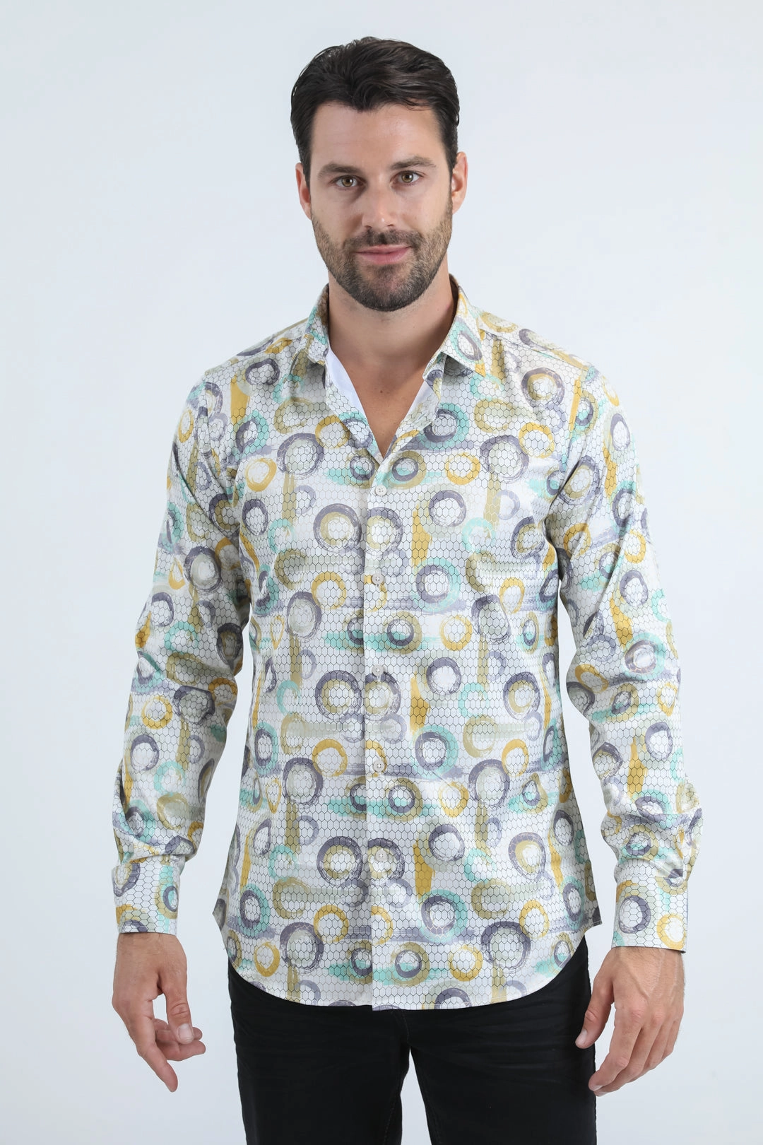 Mens Modern Fit Stretch Foil Fashion Beige Shirt adult clothing Non Iron Fabric