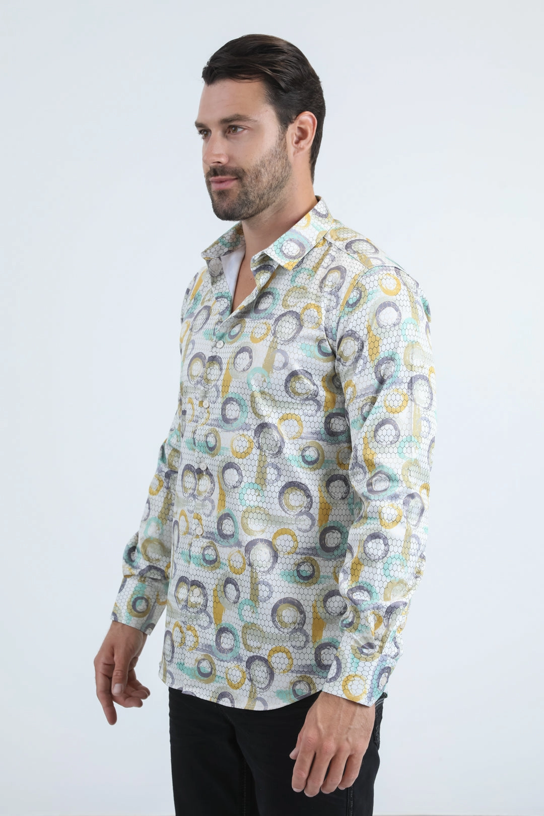 Smooth Finish Workwear Style Mens Modern Fit Stretch Foil Fashion Beige Shirt