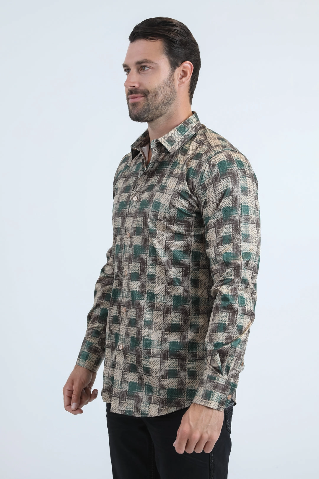 All-Season Wear Chic Look Mens Modern Fit Stretch Foil Fashion Beige Shirt