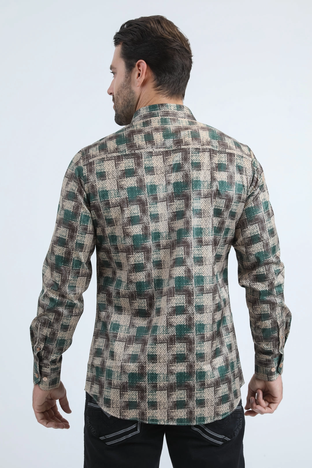 Anti Pill Treatment Tropical theme Mens Modern Fit Stretch Foil Fashion Beige Shirt