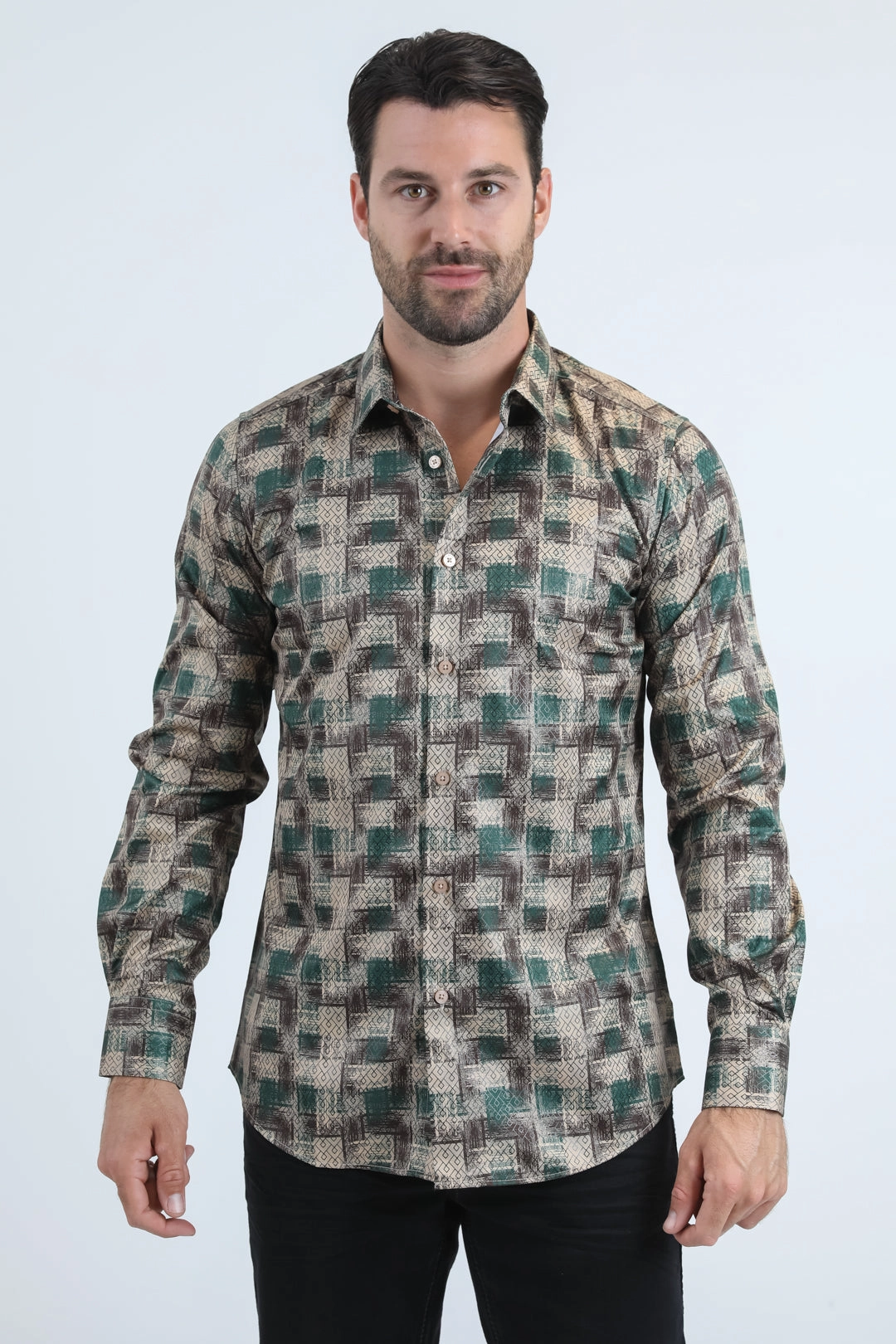 Workwear Essential bohemian flair Mens Modern Fit Stretch Foil Fashion Beige Shirt