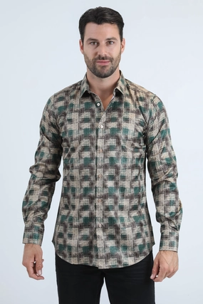 Workwear Essential bohemian flair Mens Modern Fit Stretch Foil Fashion Beige Shirt