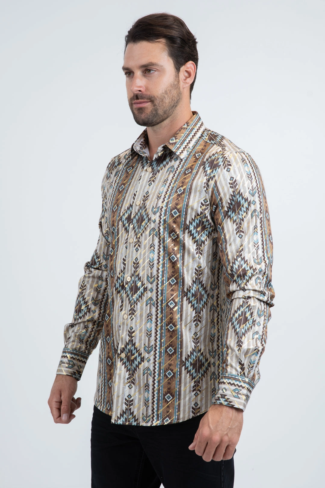 Pre Shrunk Cotton Blend Water Repellent Finish Mens Modern Fit Stretch Foil Fashion Beige Shirt