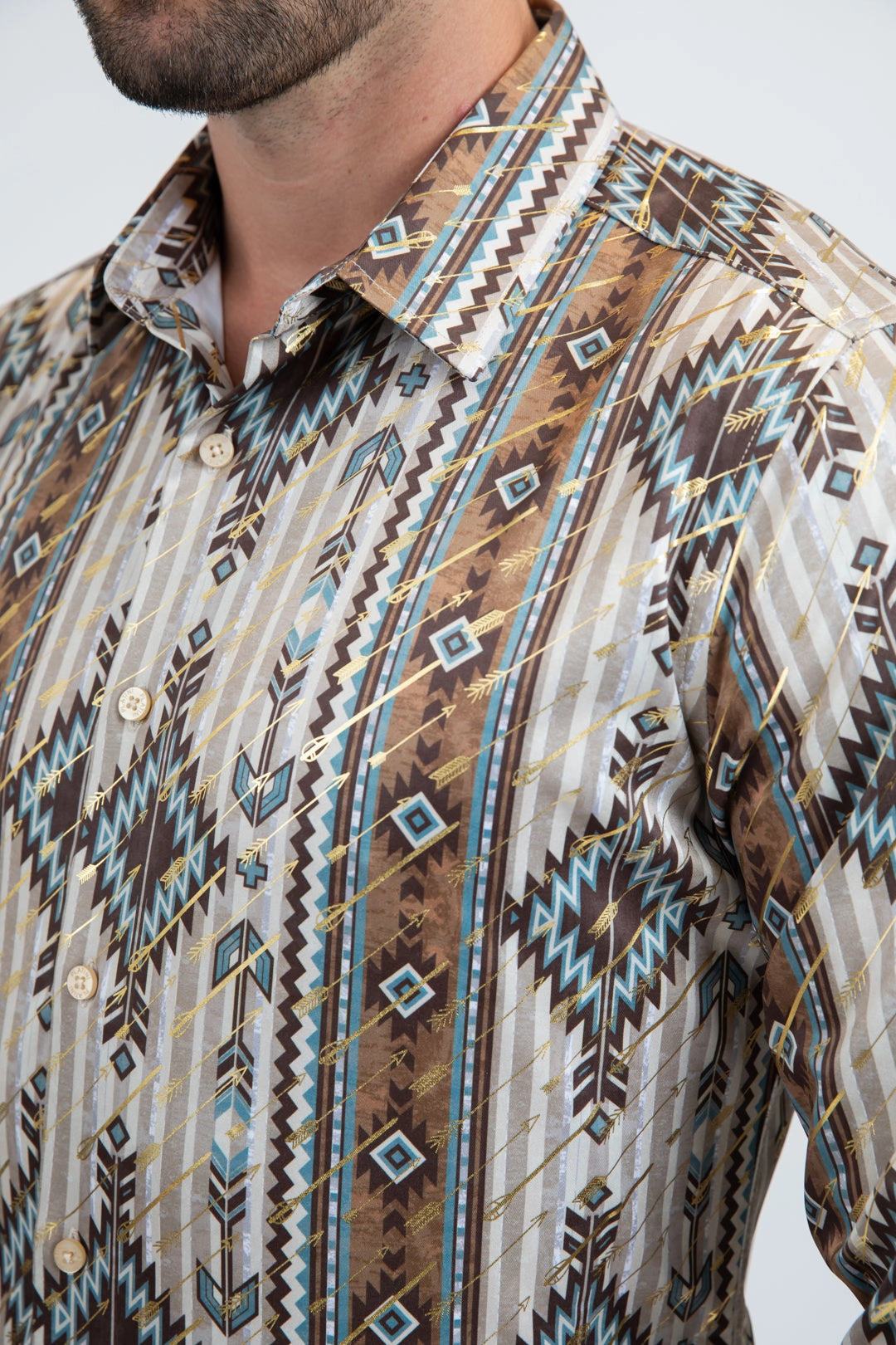 Mens Modern Fit Stretch Foil Fashion Beige Shirt Coffee Run