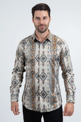 Sports Ready Petite Option Mens Modern Fit Stretch Foil Fashion Beige Shirt