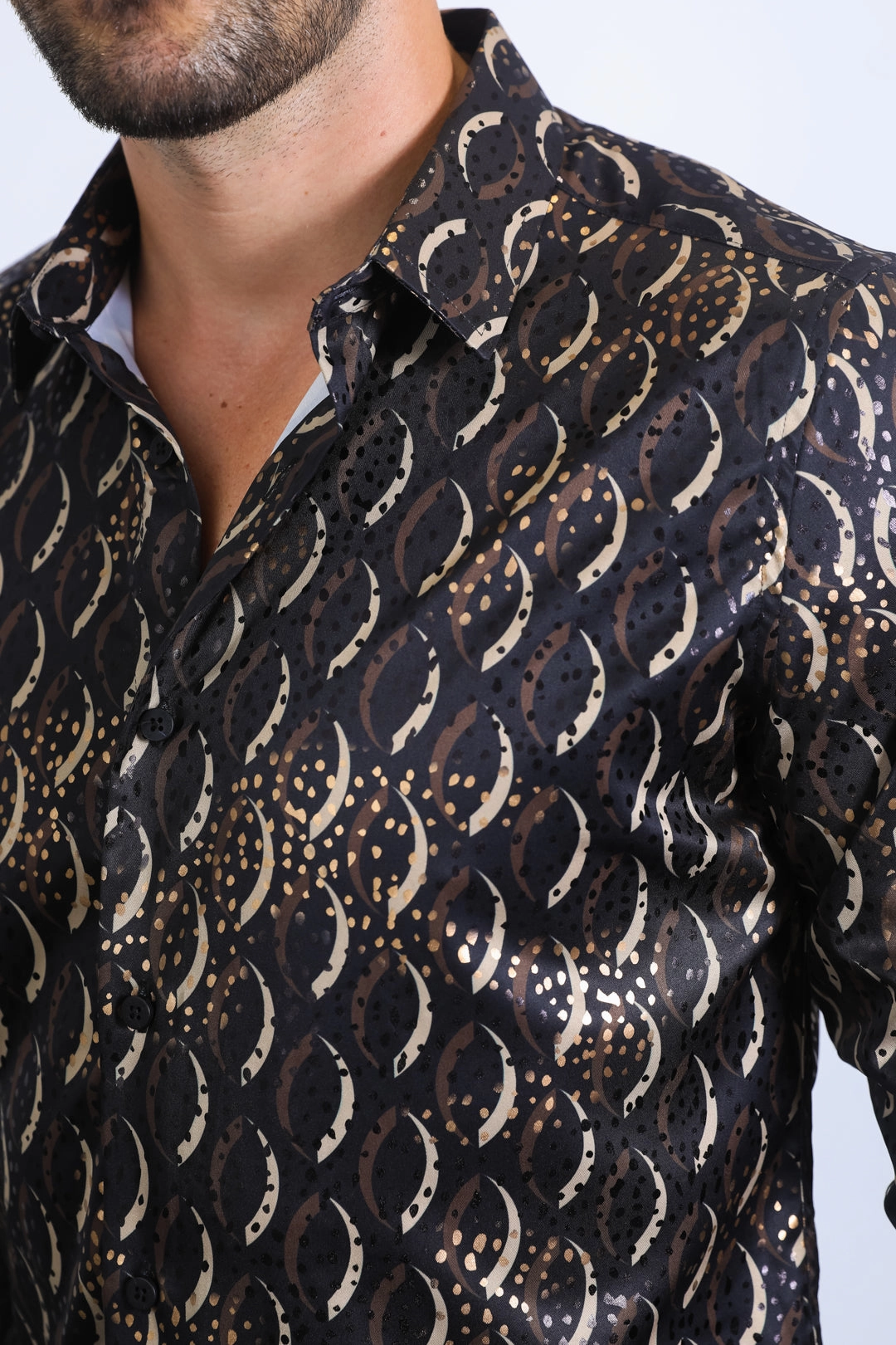 Trendy Comfort Temperature Regulating Mens Modern Fit Stretch Foil Fashion Black Shirt