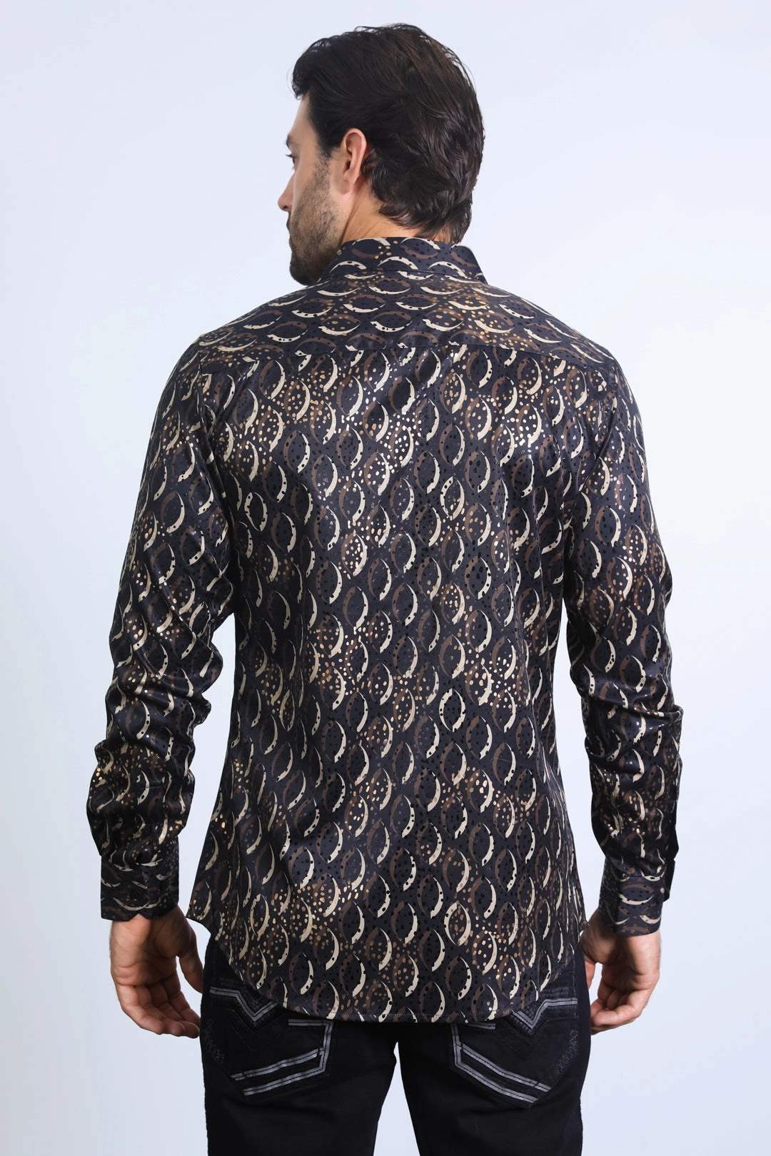 Road Trip Ready Mens Modern Fit Stretch Foil Fashion Black Shirt