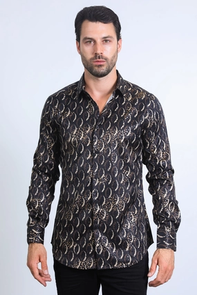 Mens Modern Fit Stretch Foil Fashion Black Shirt Casual Style Bold Pattern