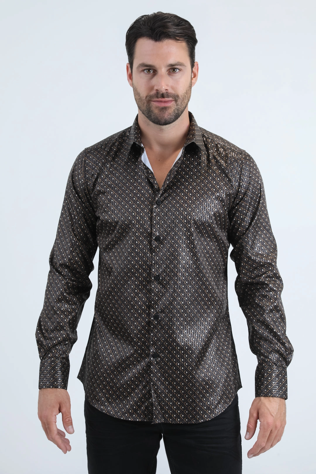 Mens Modern Fit Stretch Foil Fashion Black Shirt Classic Wardrobe Fashion Essential